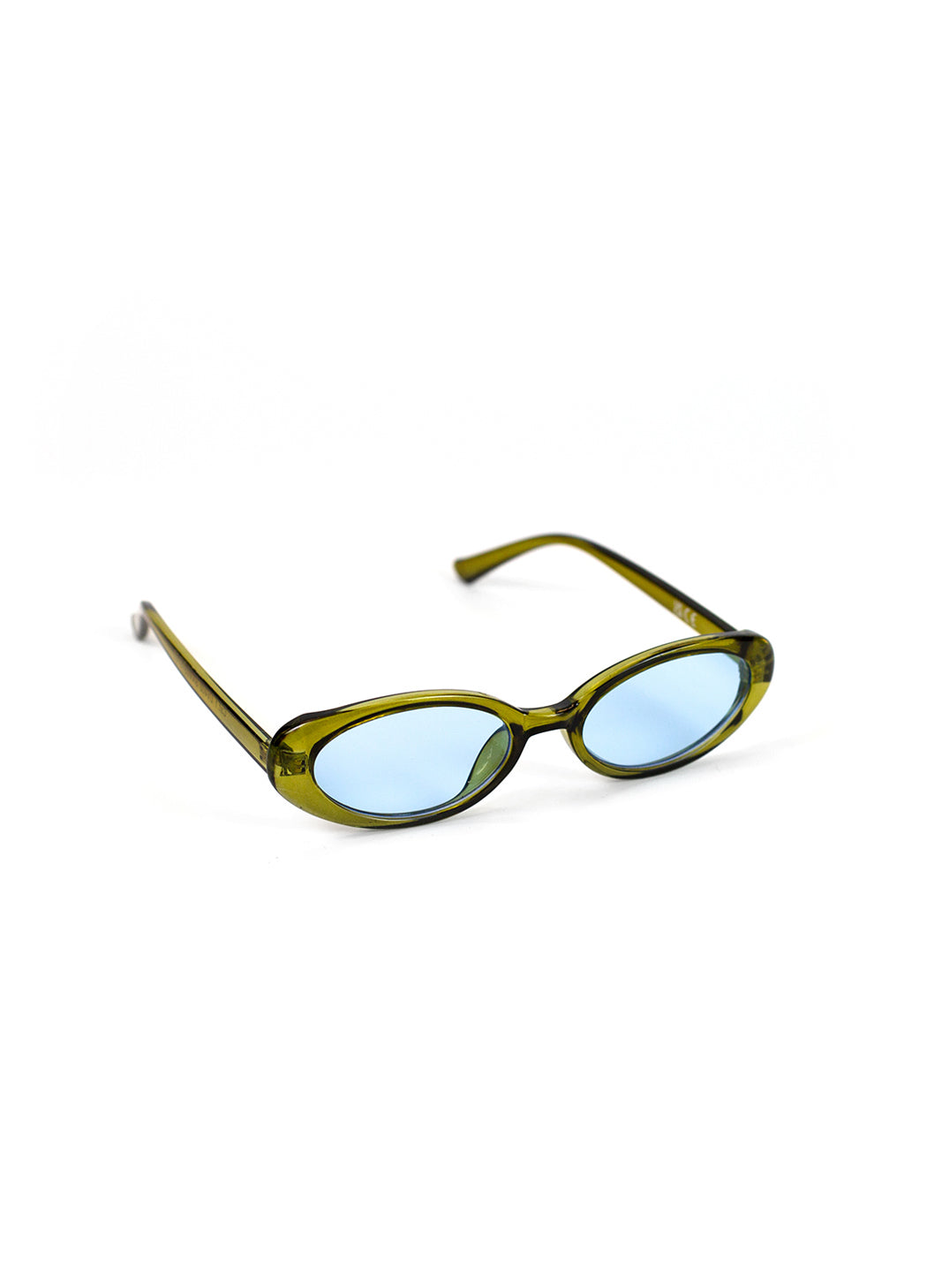 Green sunglasses with blue lenses on a white background