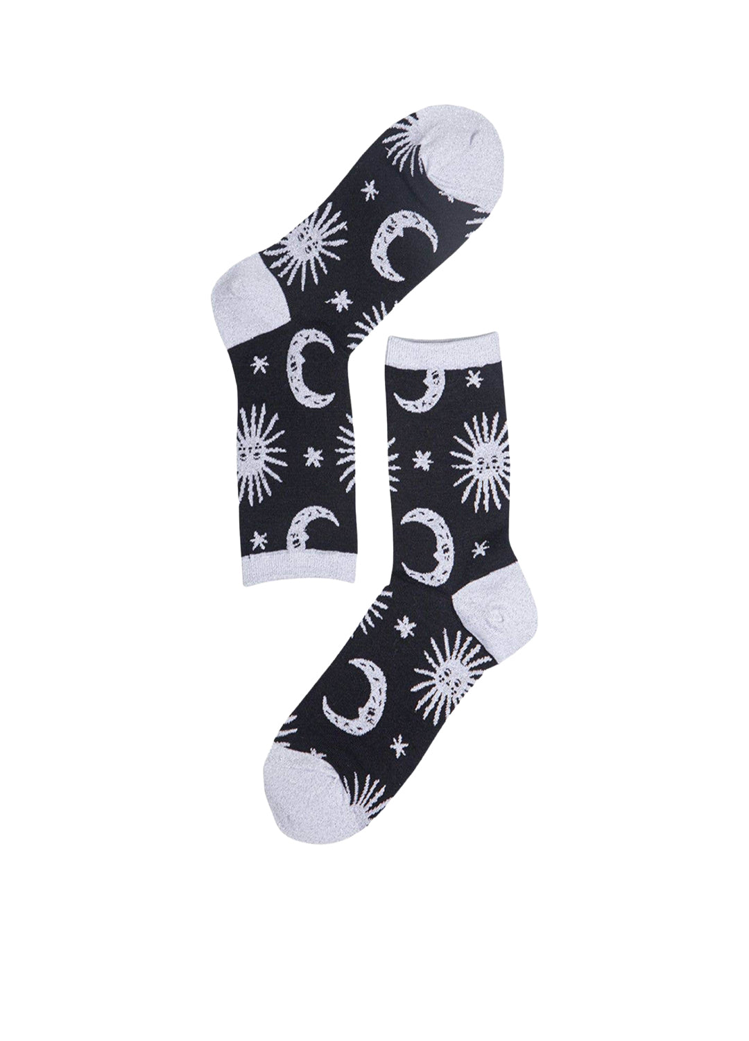 Black socks with white moon and star patterns on a white background