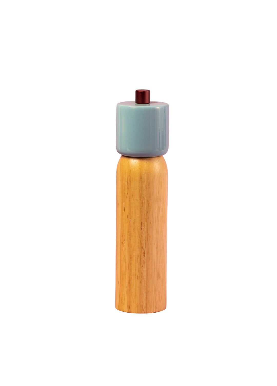 Wooden pepper grinder with a light blue top on a white background