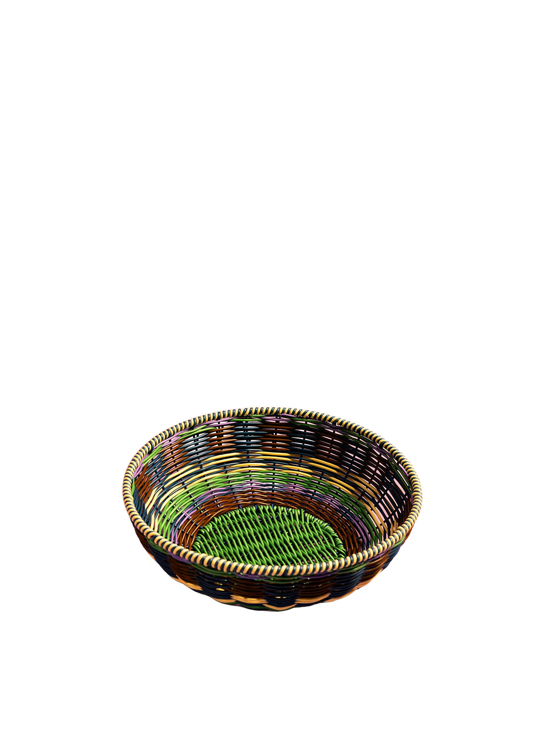 Woven basket with multicolored pattern on a white background