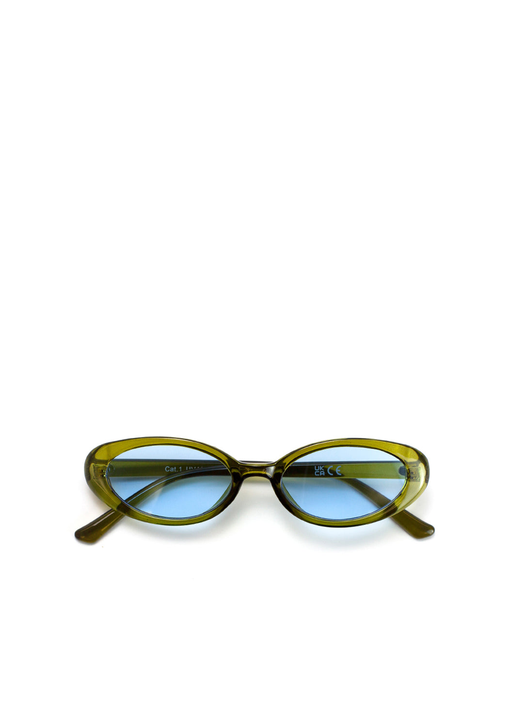 Green sunglasses with blue lenses on a white background