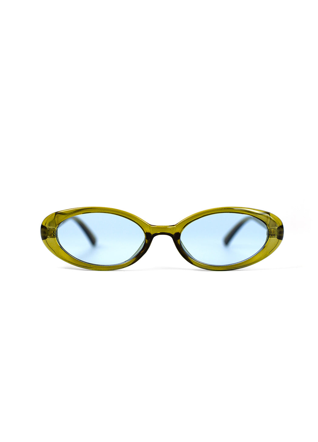 Green sunglasses with blue lenses on a white background
