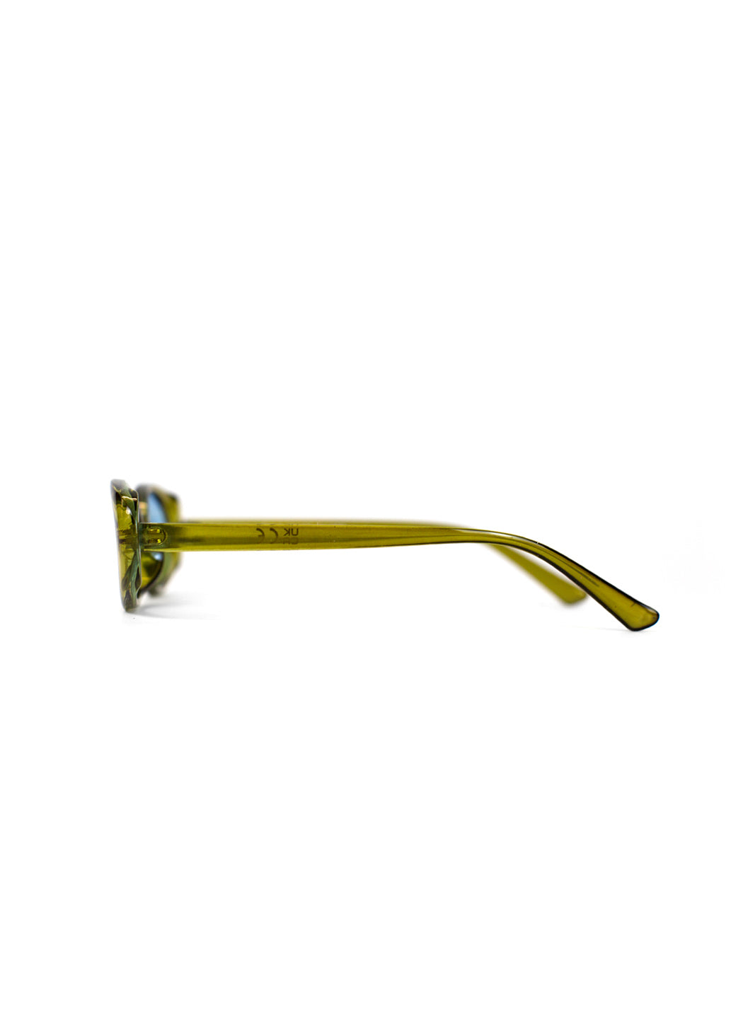Green sunglasses with blue lenses on a white background
