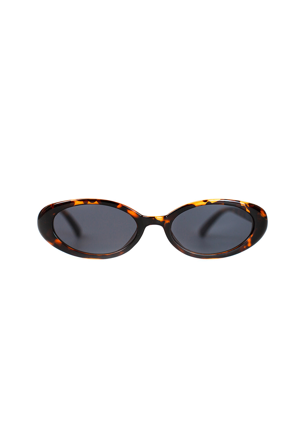 Sunglasses with tortoiseshell frame and dark lenses on a white background