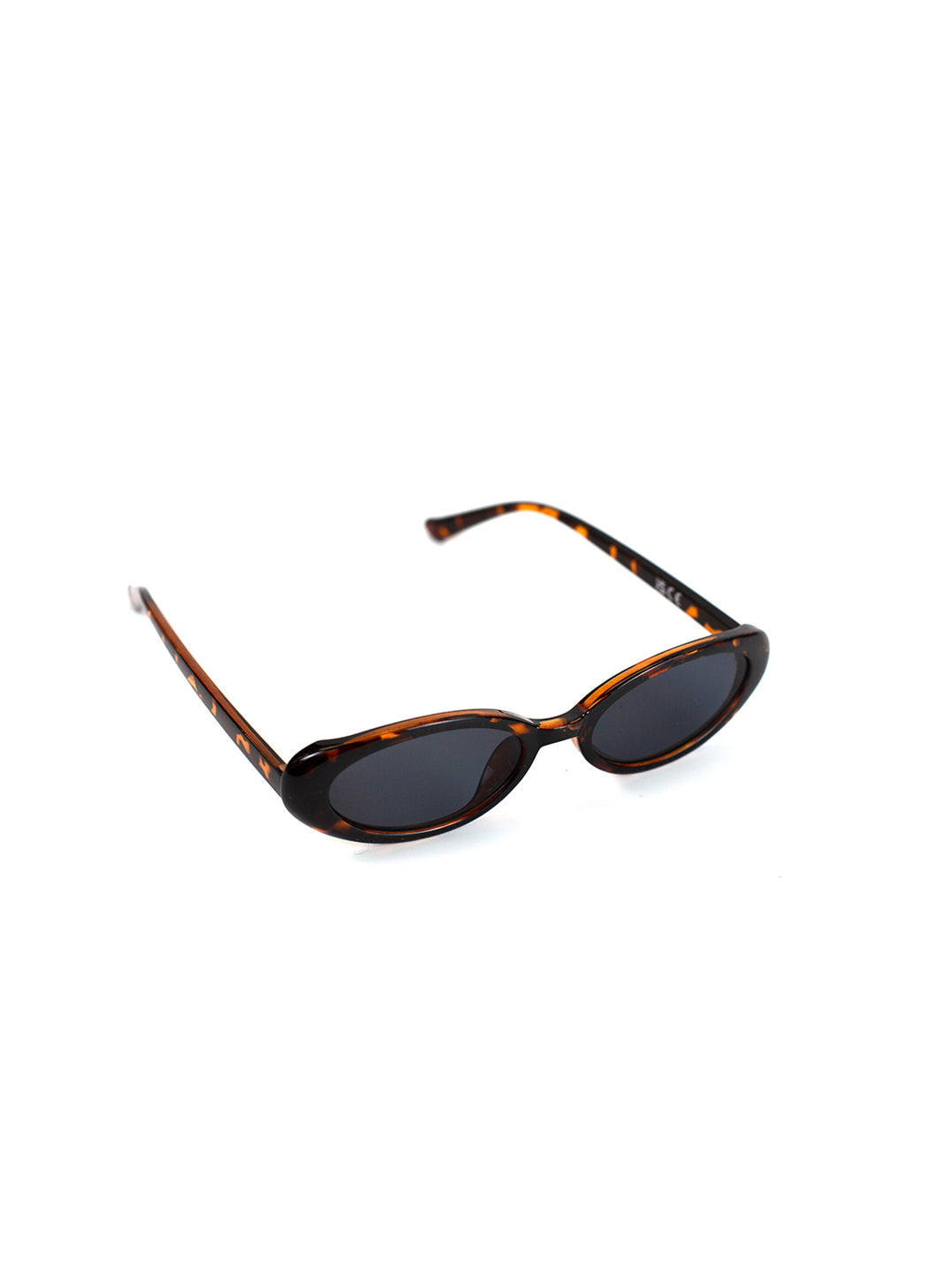 Sunglasses with tortoiseshell frame and dark lenses on a white background
