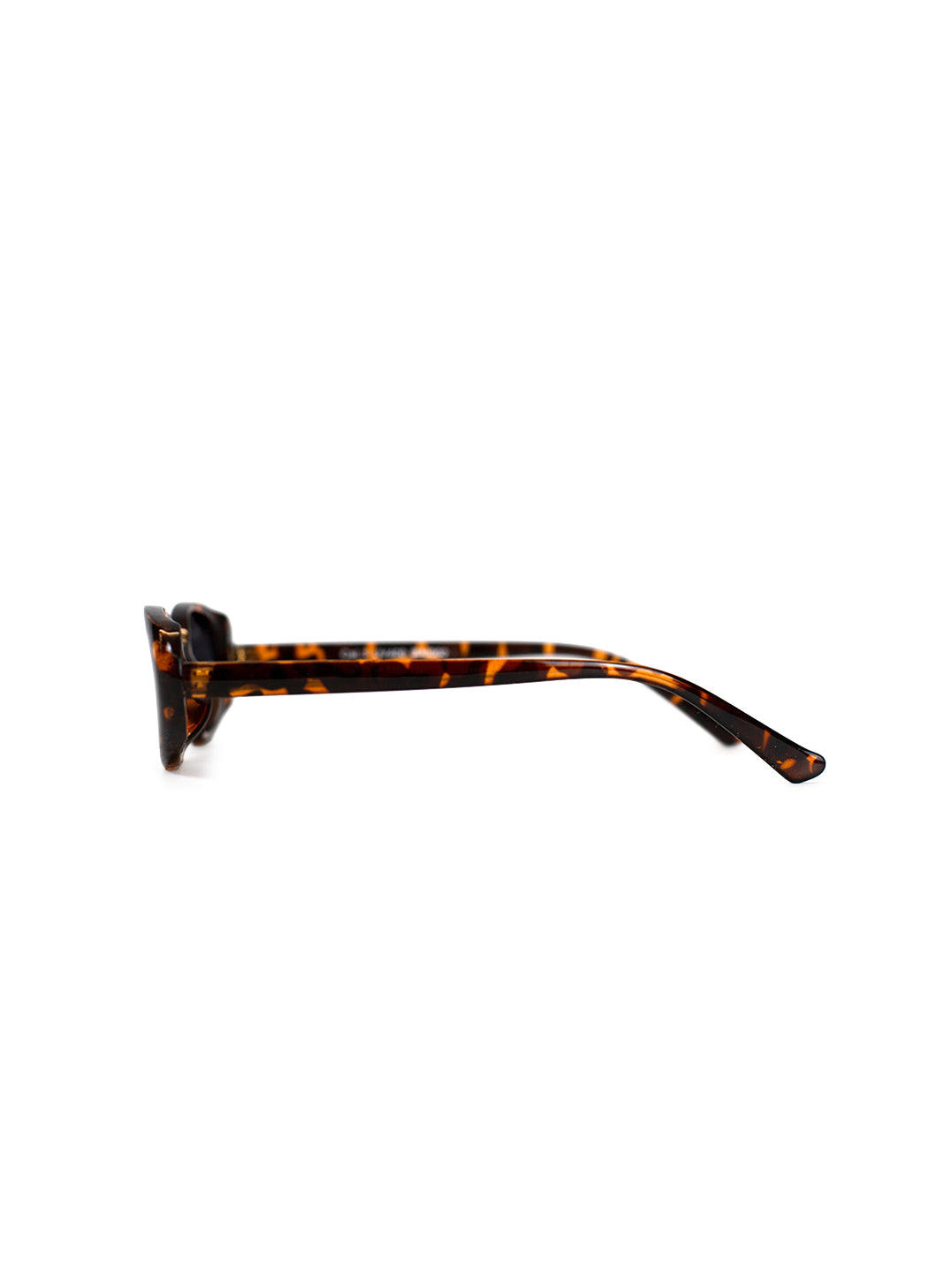 Sunglasses with tortoiseshell frame and dark lenses on a white background