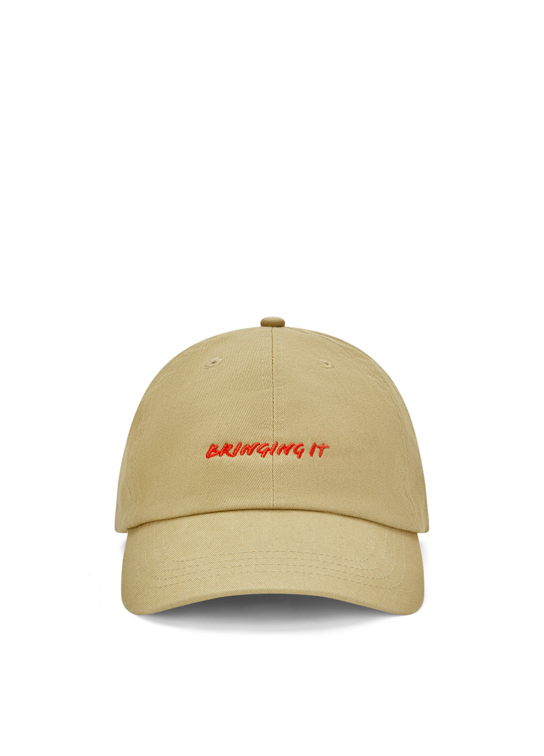 Beige cap with red text embroidered "Bringing it" on a white background