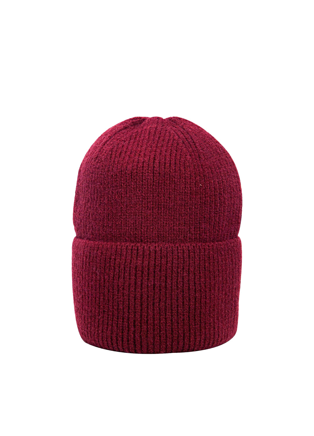 Maroon knit beanie on a white background
