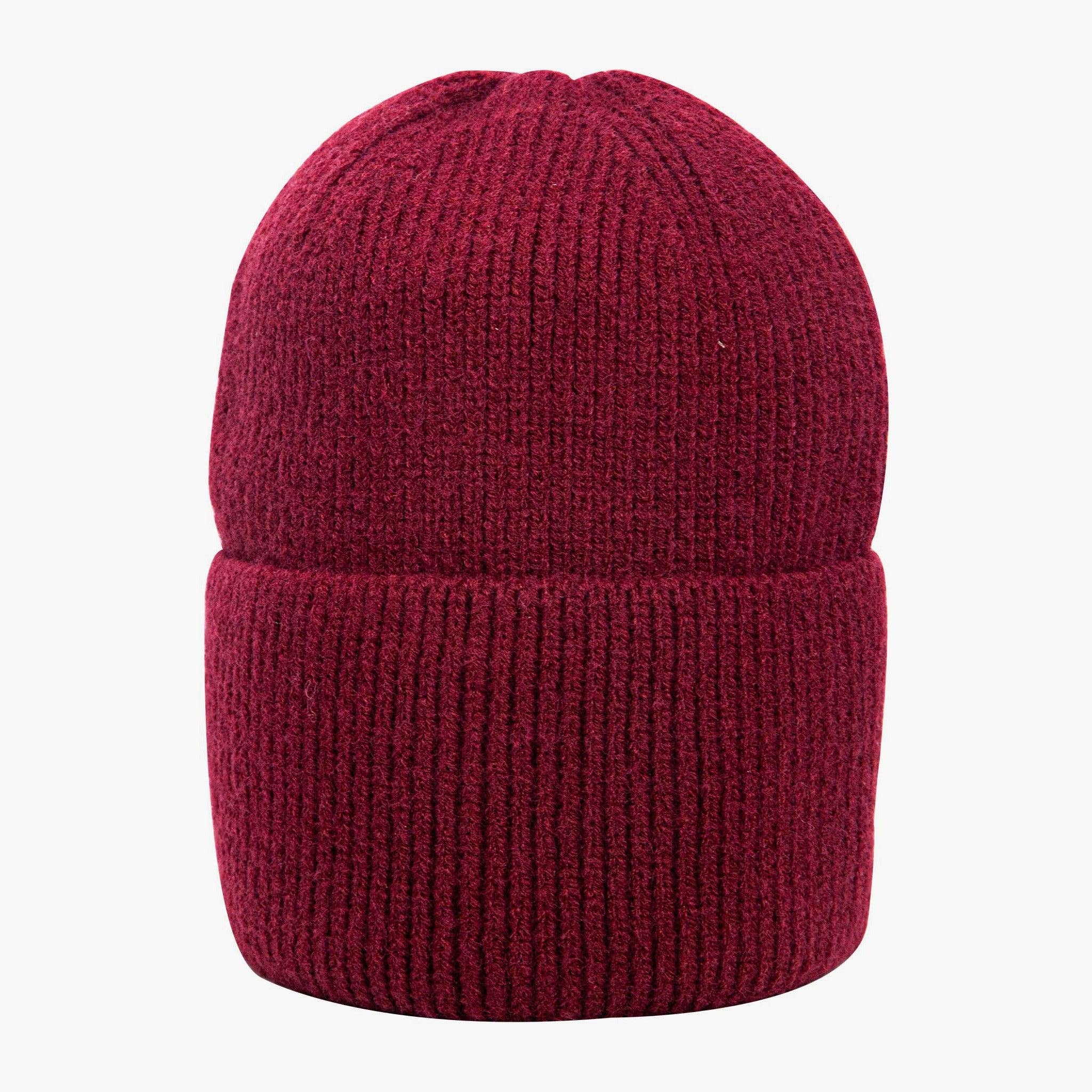 Maroon knit beanie on a white background