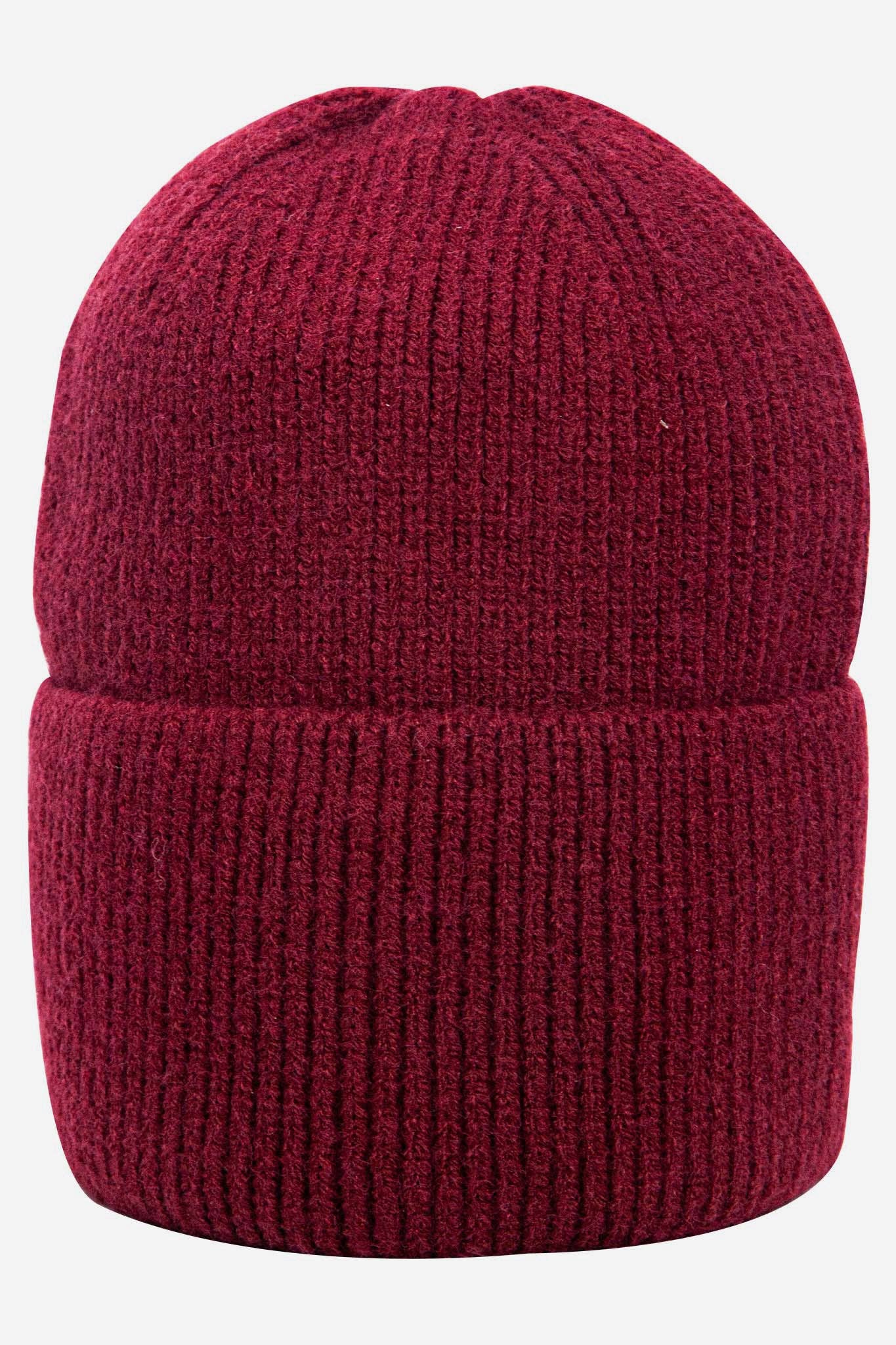 Maroon knit beanie on a white background