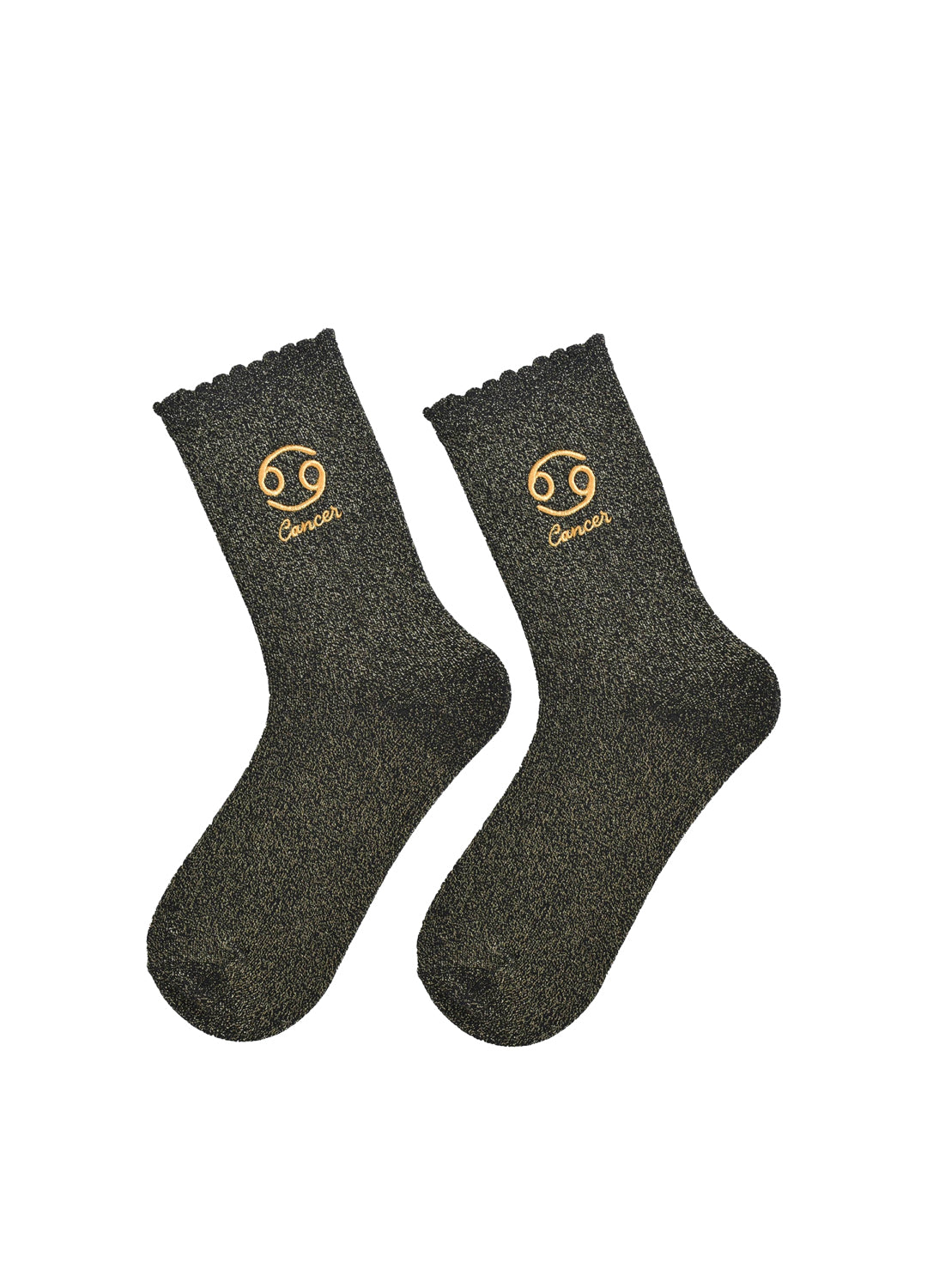 Pair of black socks with gold embroidery Cancer zodiac on a white background