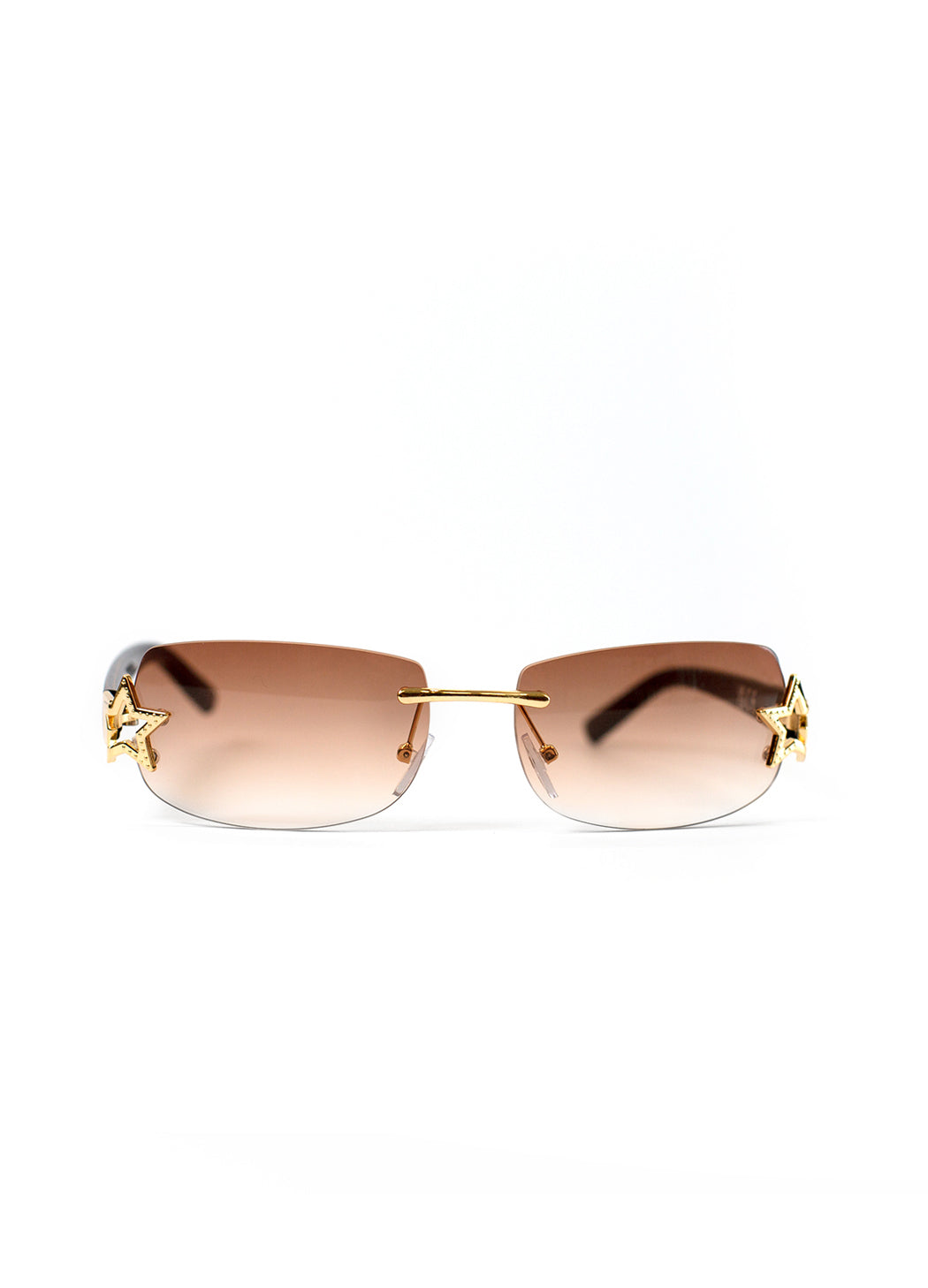 Gold-framed frameless sunglasses with gradient lenses on a white background