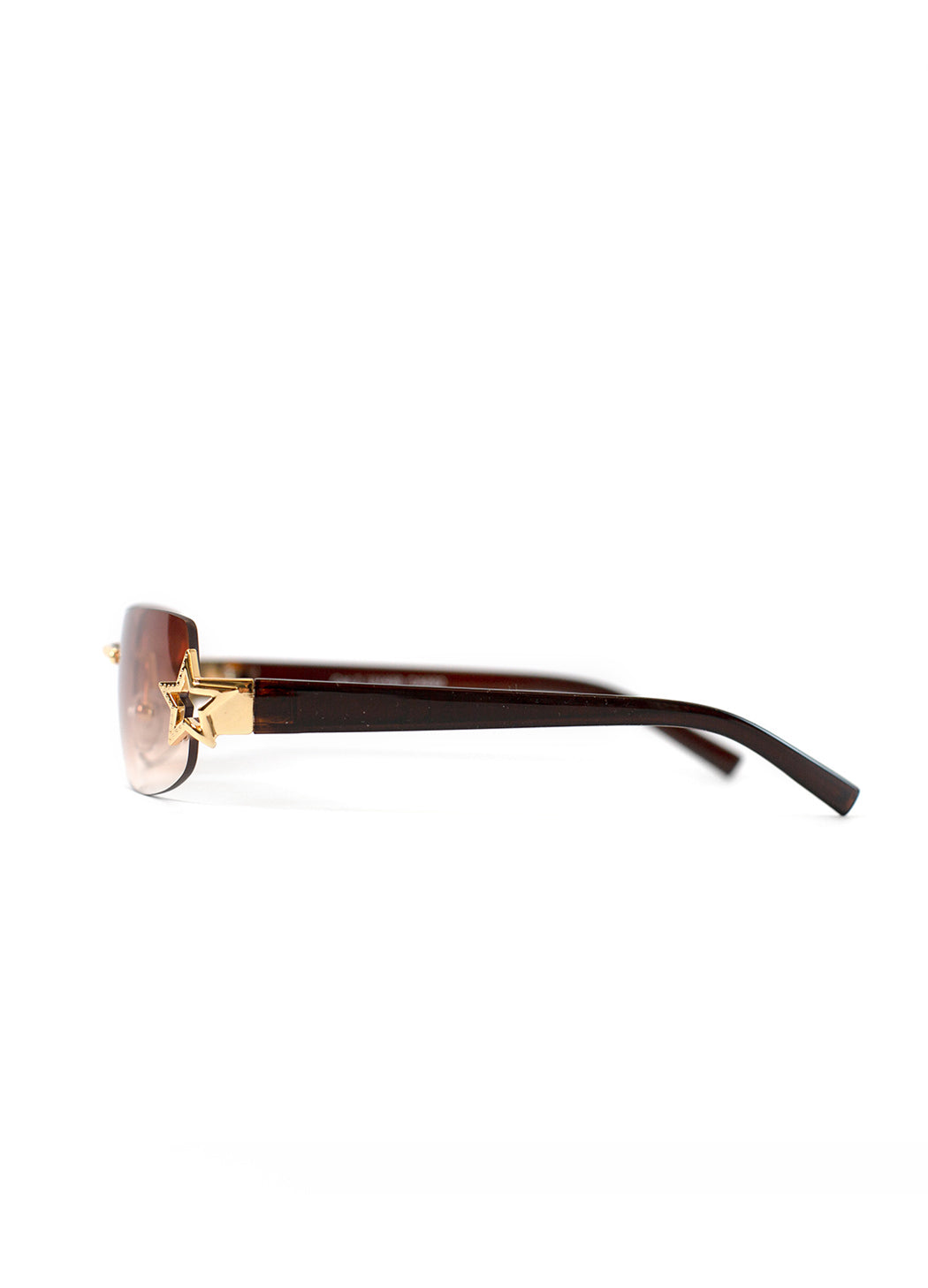 Sunglasses with black frame and gradient brown lenses on a white background