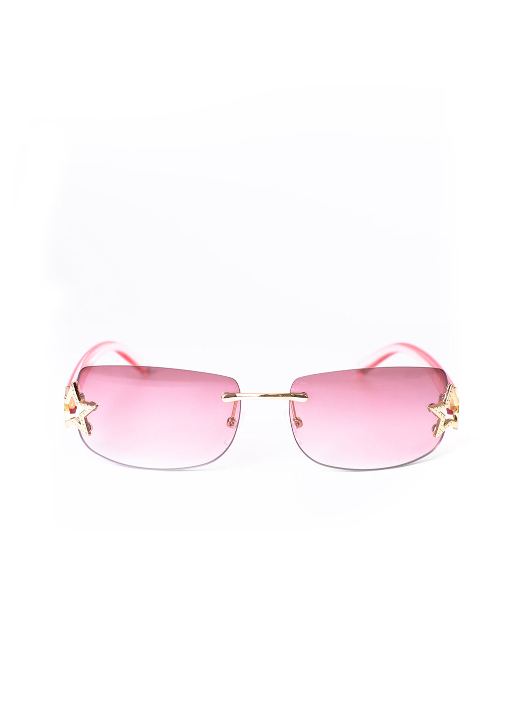 Pink sunglasses with gold frames on a white background