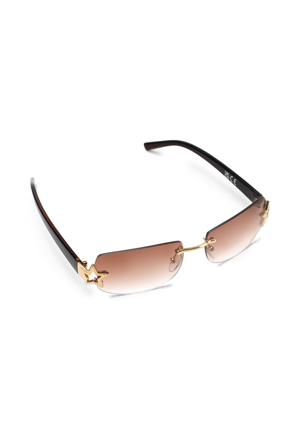 Gold-framed frameless sunglasses with gradient lenses on a white background