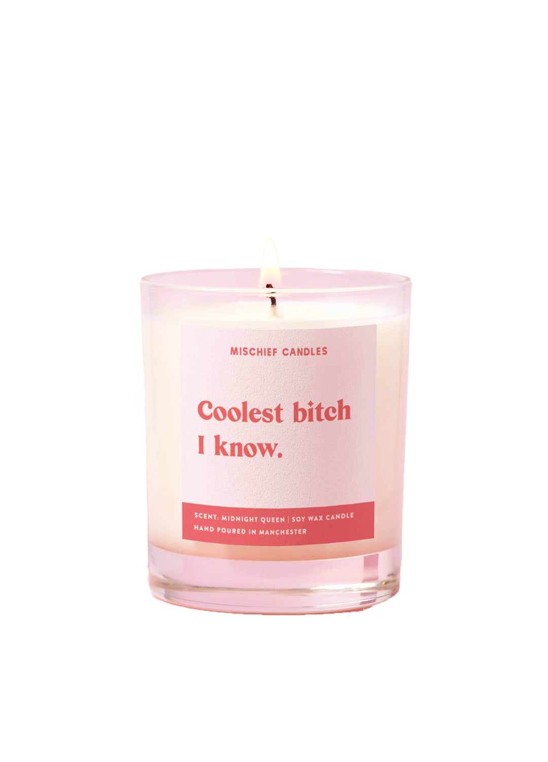 Pink candle with a humorous label on a white background