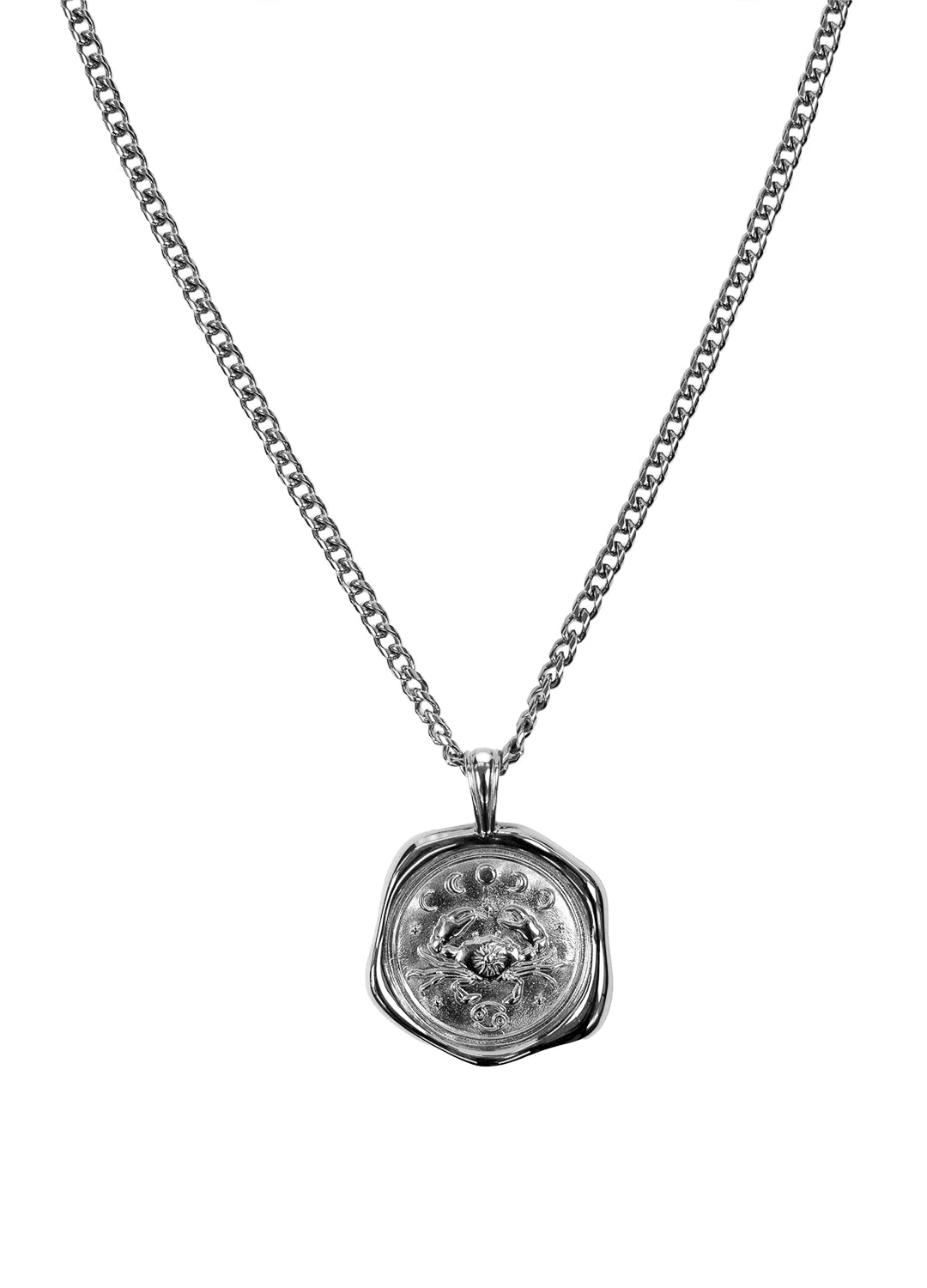 A silver chain necklace with a textured, irregularly shaped necklace with the Cancer Zodiac symbol, displayed against a solid white background.