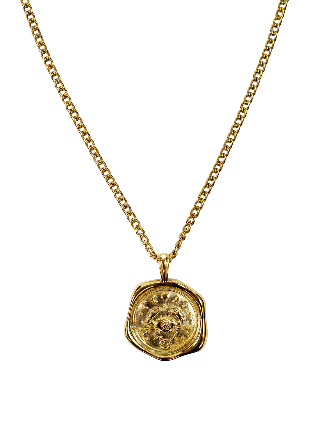 A gold chain necklace with a crab Gemini zodiac design, displayed against a solid white background.