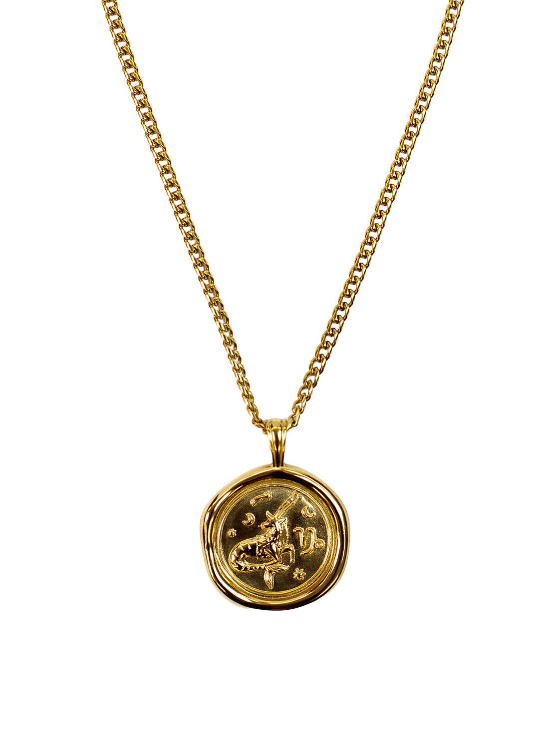 A gold chain necklace with a round, textured gold pendant featuring a Capricorn zodiac design, shown against a plain white background.