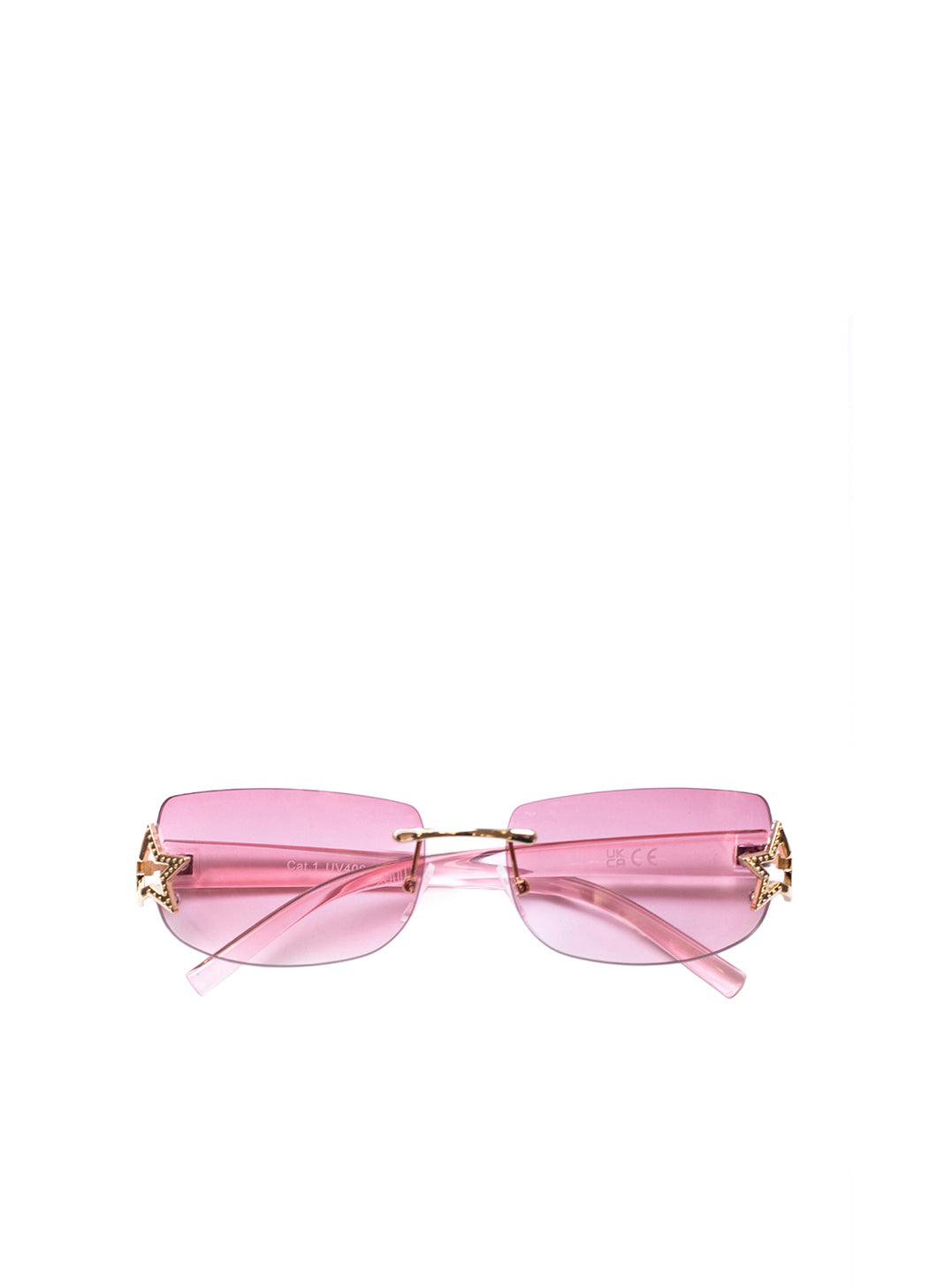Pink sunglasses with gold frames on a white background