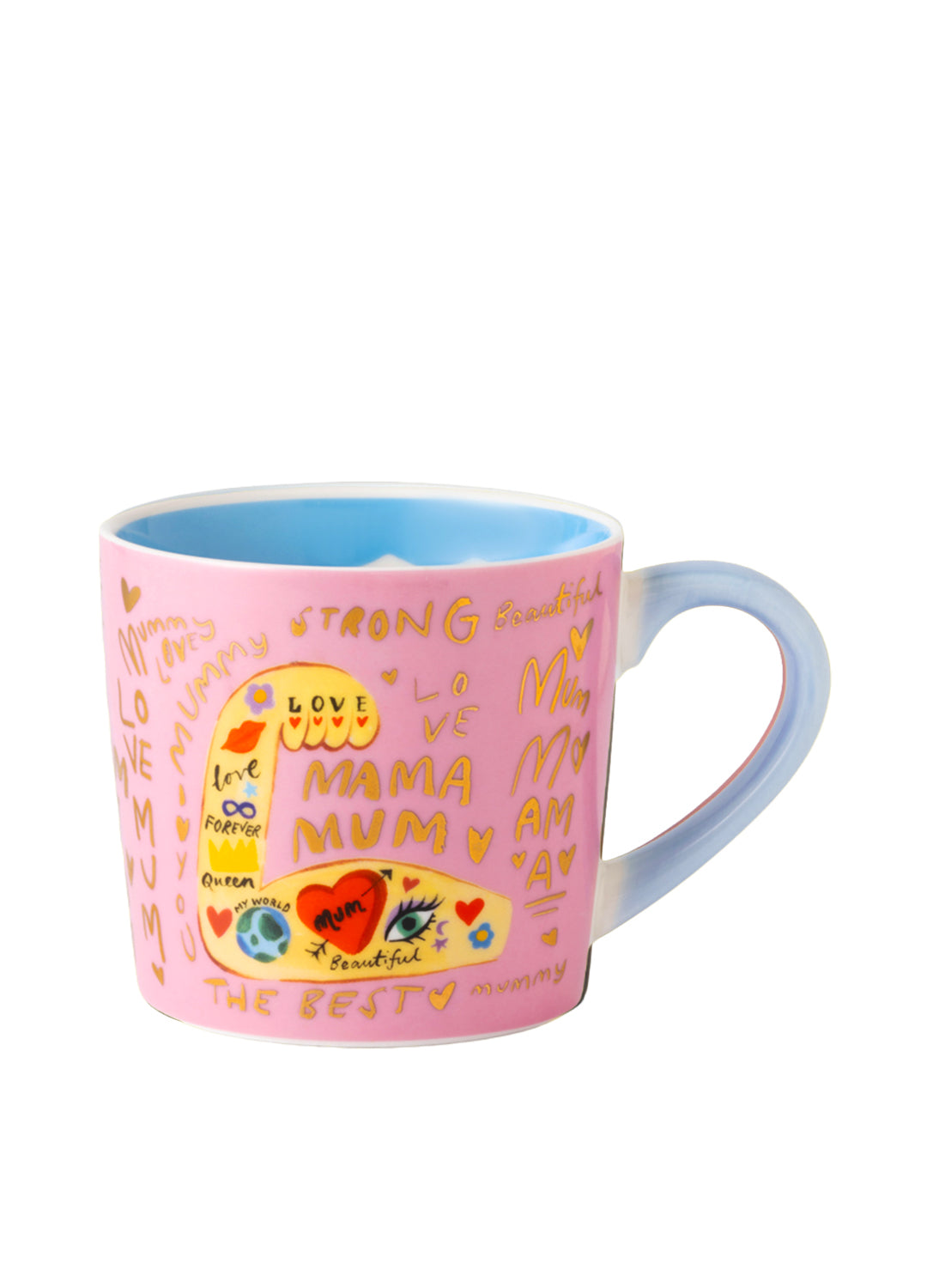 Pink mug with colorful text and designs on a white background