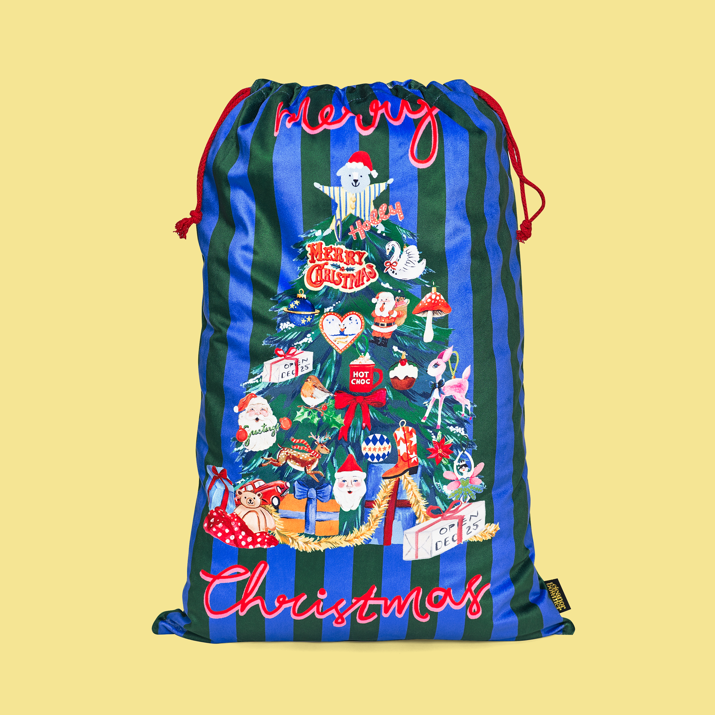 Decorative Christmas-themed drawstring bag with festive designs on a yellow background