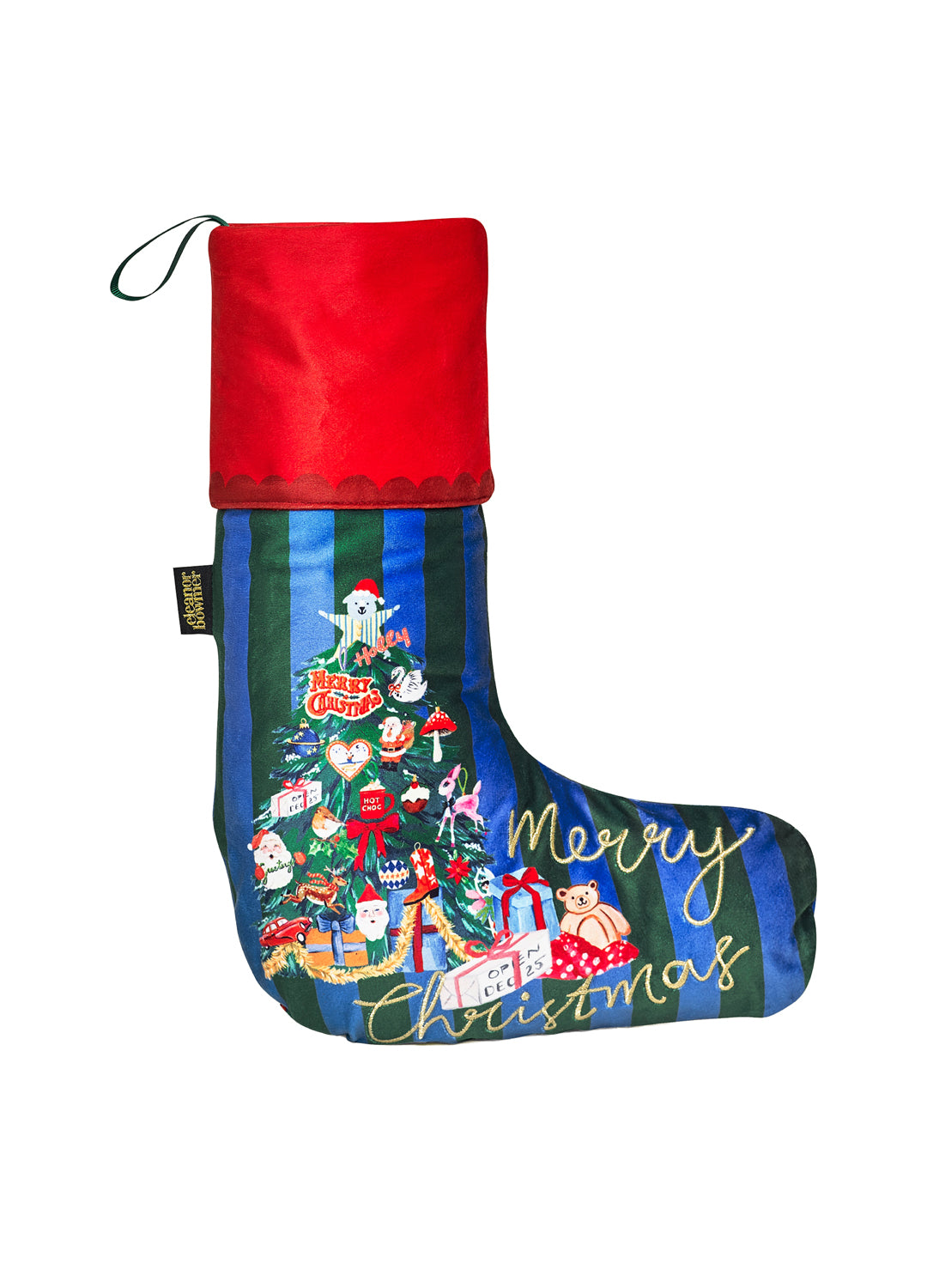 Decorative Christmas stocking with festive design on a white background