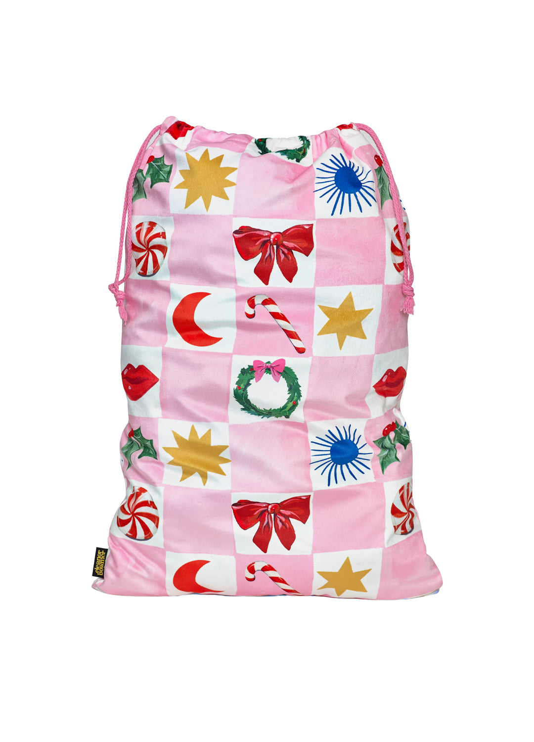 A christmas presents sack in plush pink & white velvet with Christmas icons on a white background
