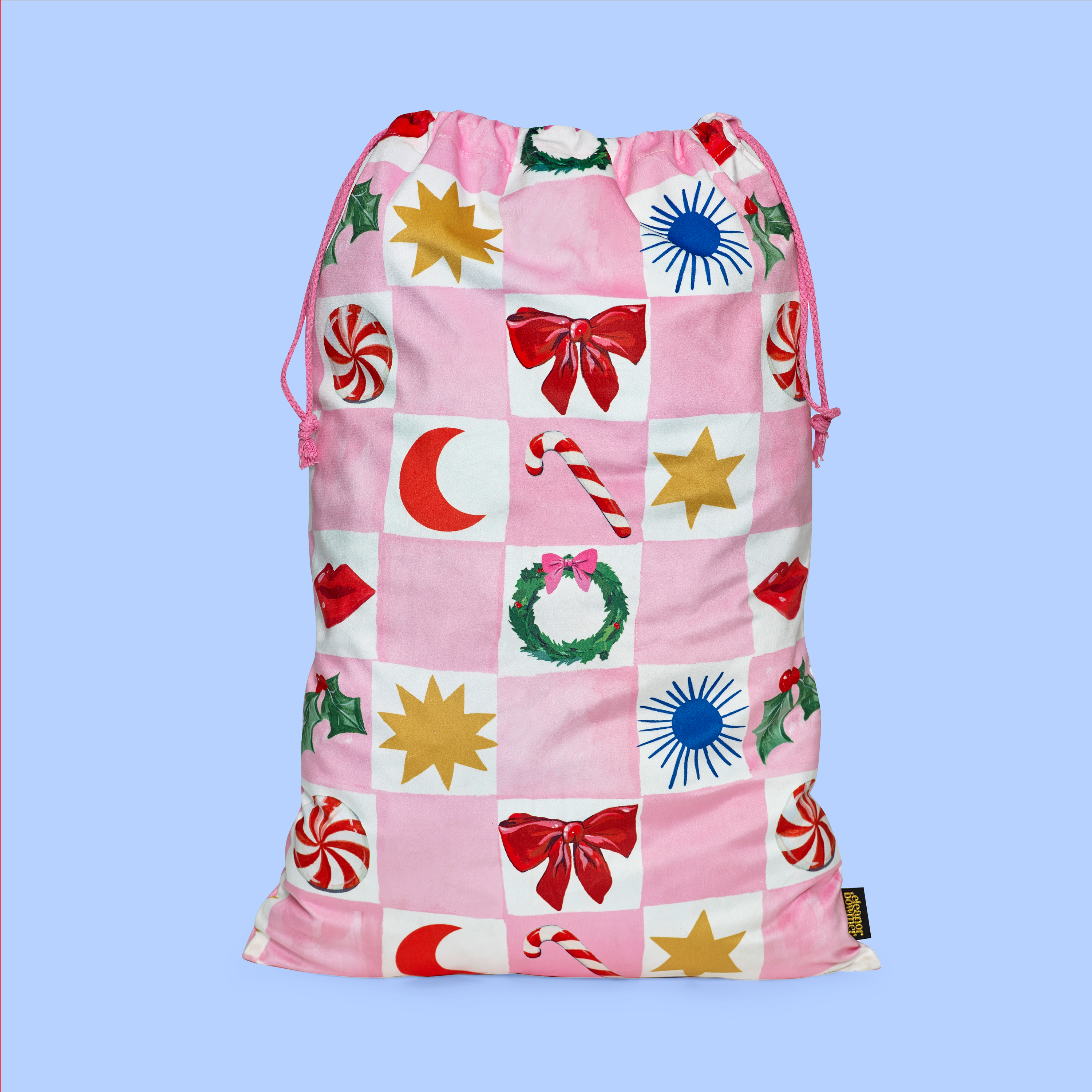 Drawstring bag with festive pattern on a light blue background