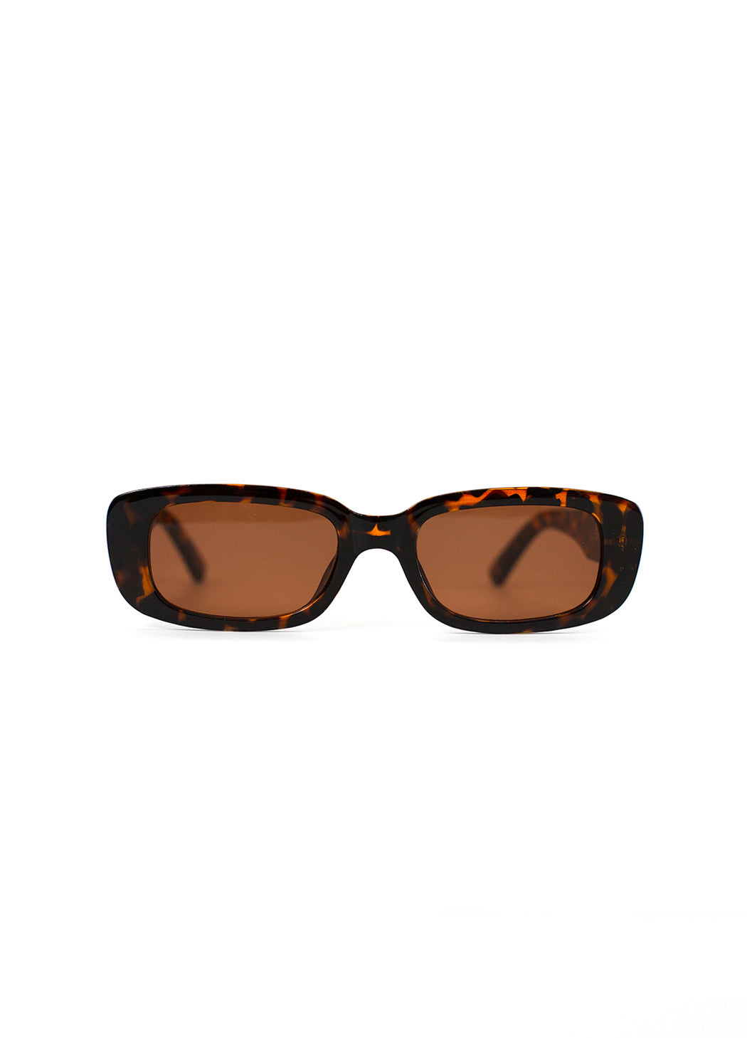 Sunglasses with tortoiseshell frame and brown lenses on a white background