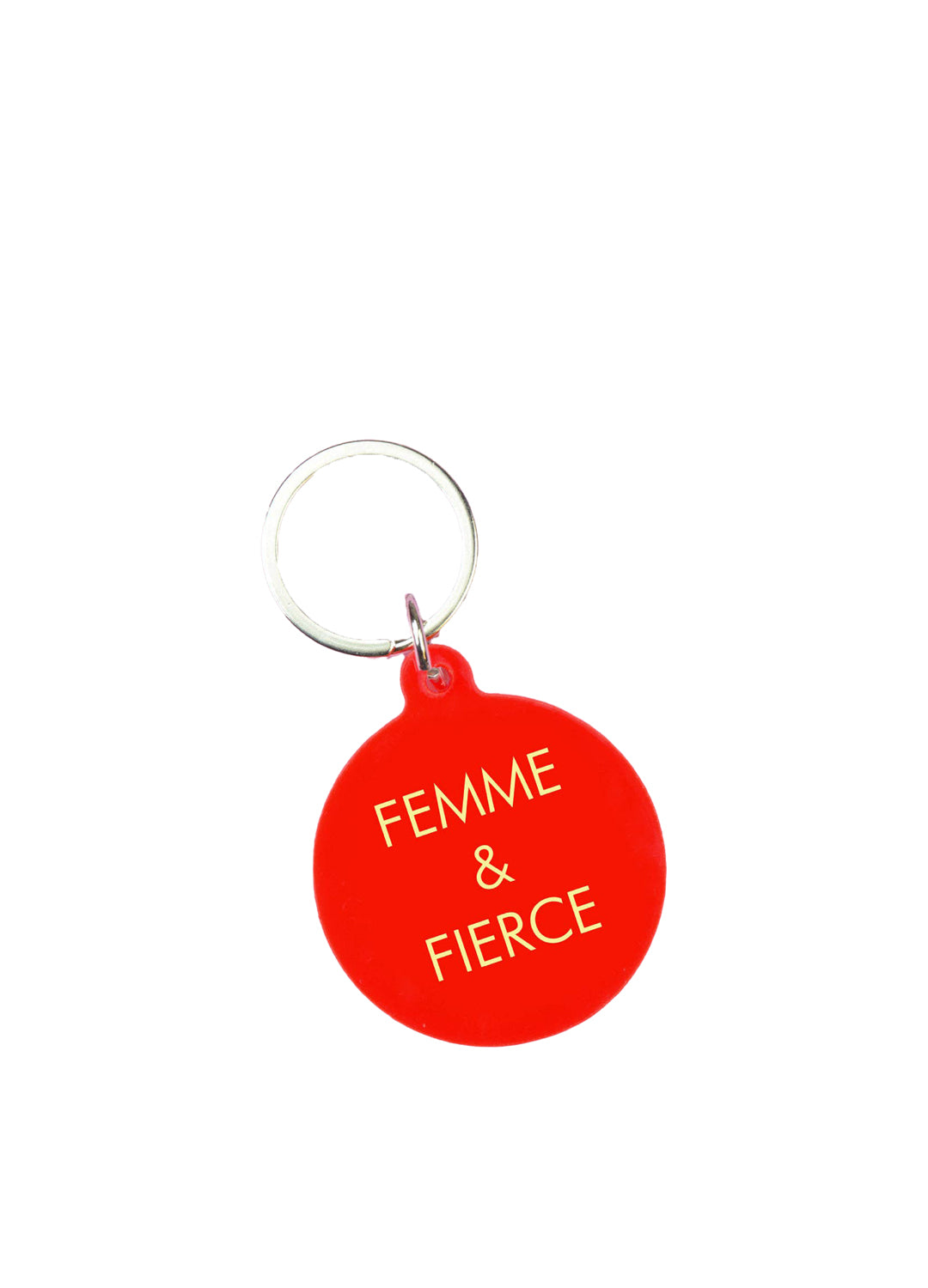 Red keychain with 'Femme & Fierce' text on a white background