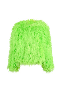 Neon green fluffy jacket on a white background
