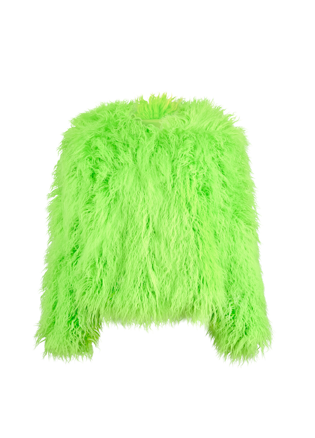 Neon green fluffy jacket on a white background