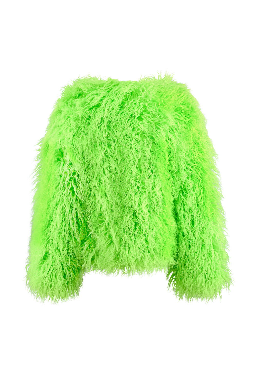 The back of the Good Fluff neon green fluffy jacket on a white background