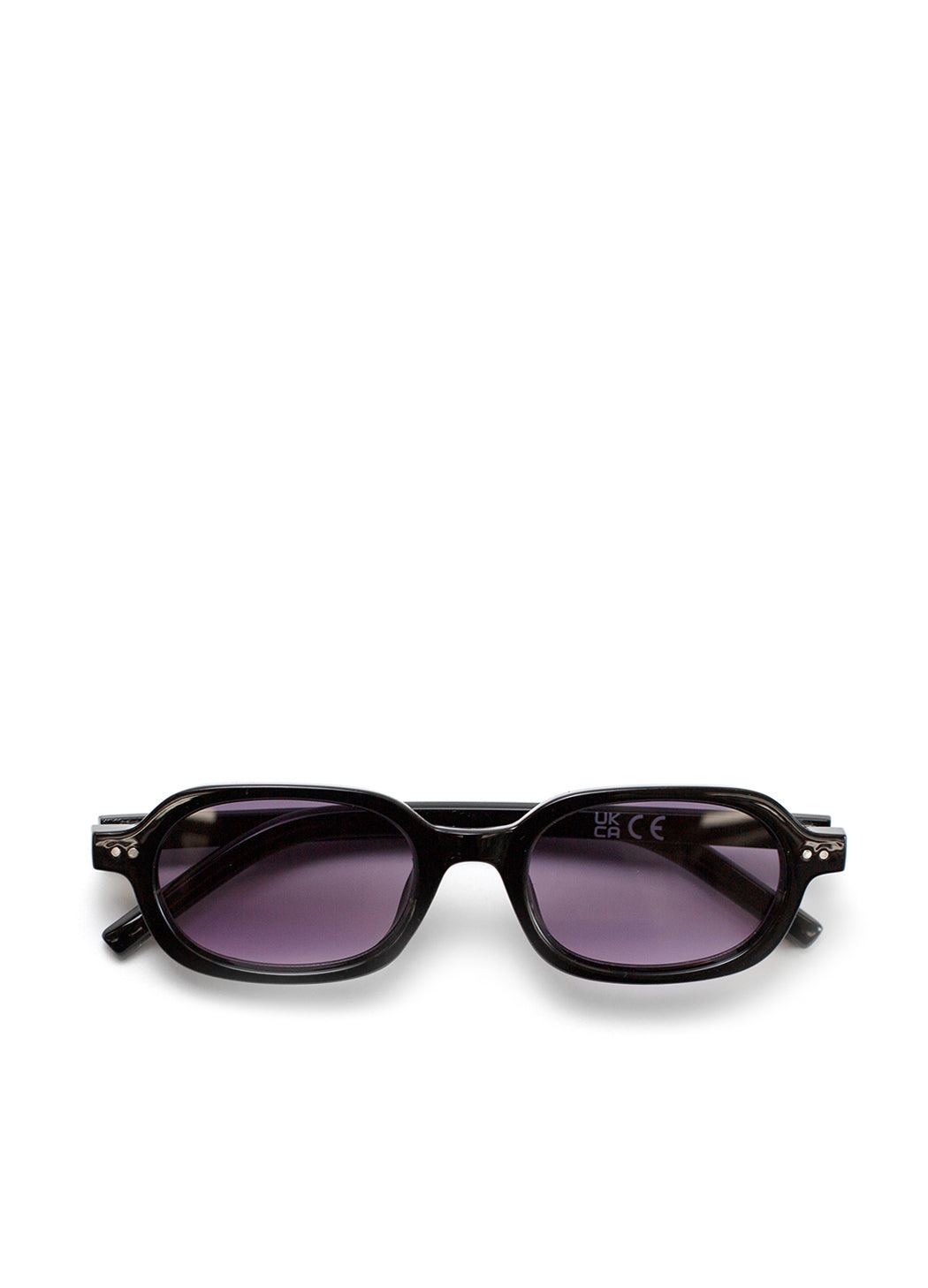Black sunglasses with purple lenses on a white background