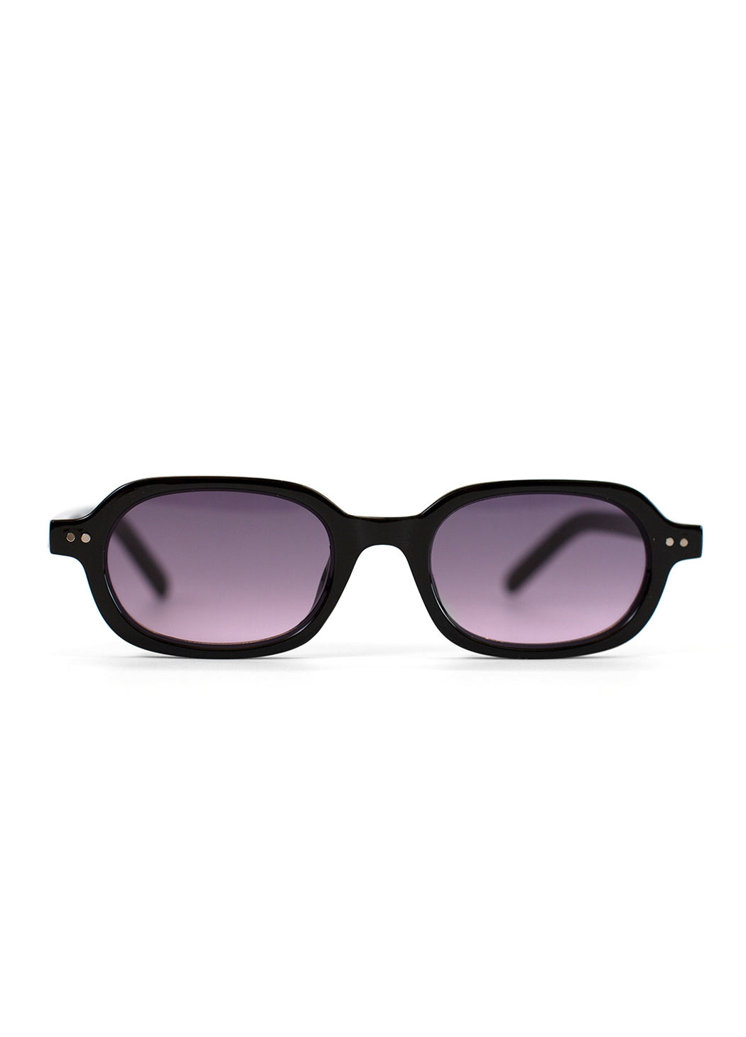 Black sunglasses with purple lenses on a white background