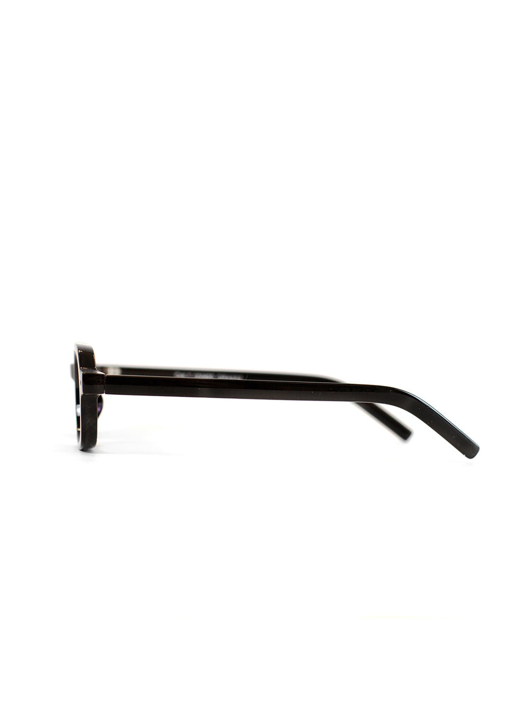 Black sunglasses with purple lenses on a white background