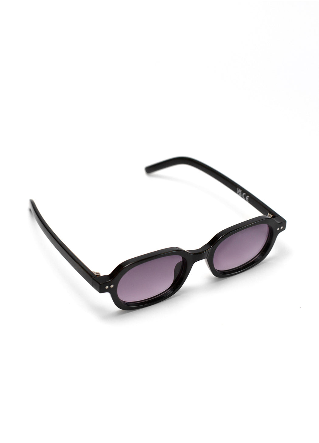 Black sunglasses with purple lenses on a white background