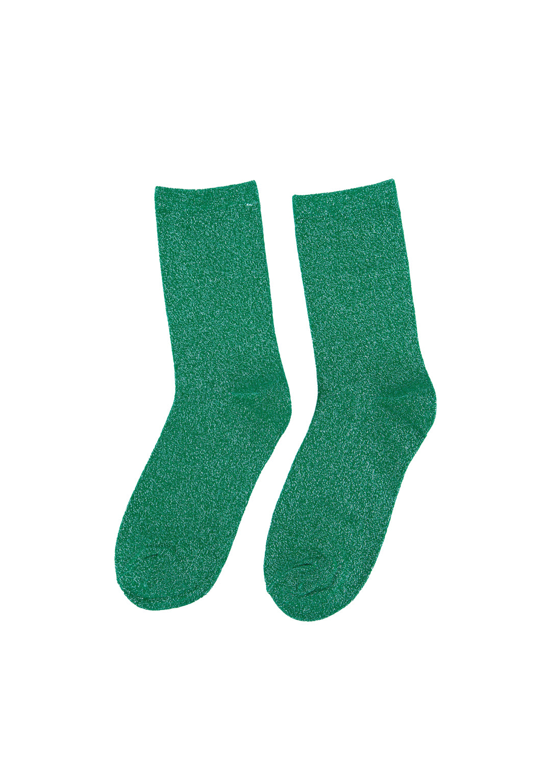 Pair of sparkly green socks on a white background