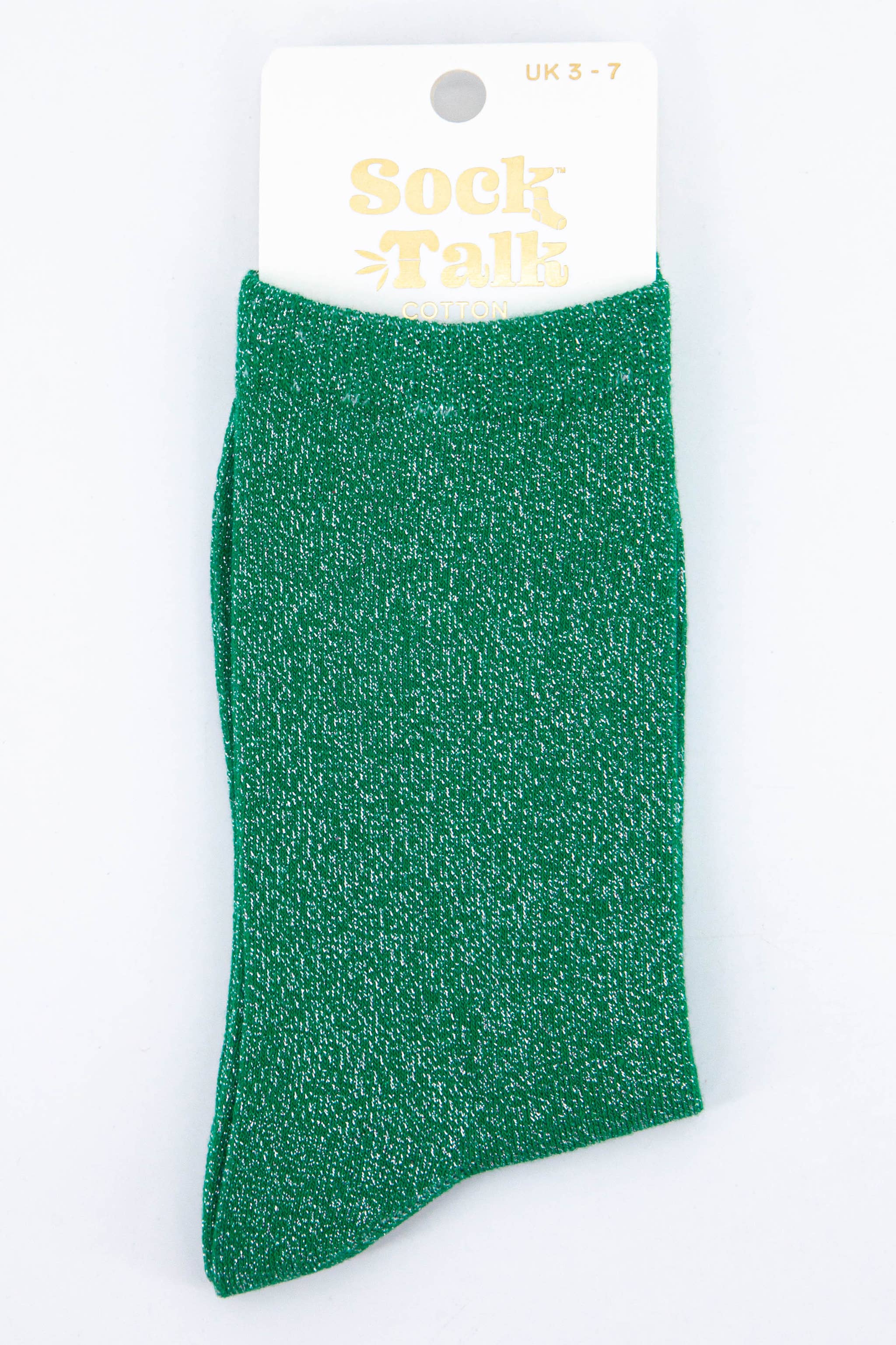 Green sock on a white background with 'Sock Talk' branding.