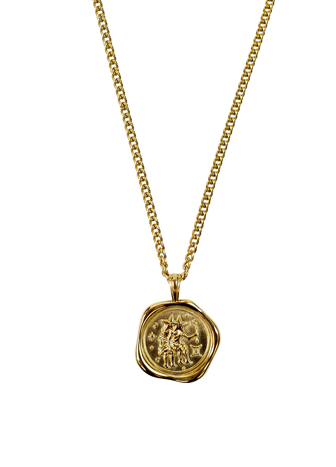 A gold chain necklace with a round, textured wax-seal style pendant featuring a a Gemini zodiac design, shown against a plain white background.