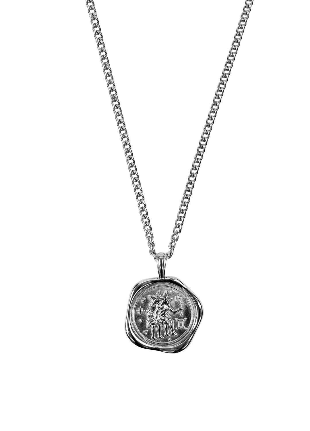 A silver-toned chain necklace with a round, textured wax-seal style pendant featuring the Gemini zodiac symbol shown against a plain white background.