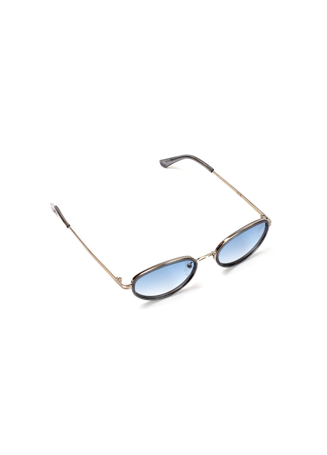 Sunglasses with gold frame and blue lenses on a white background