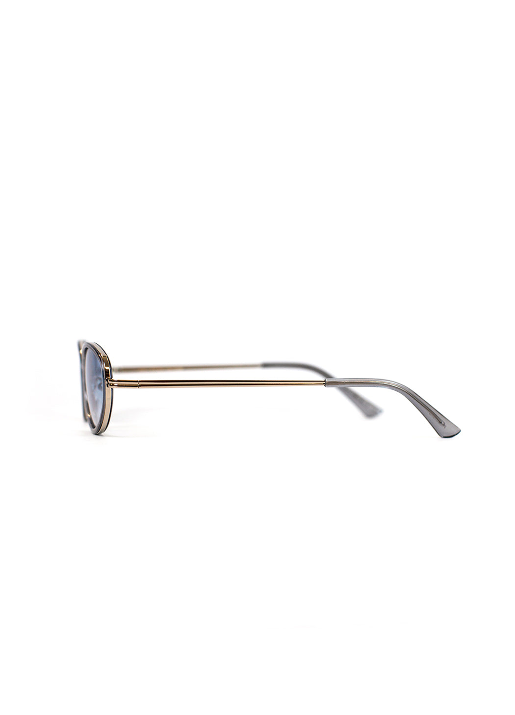 Sunglasses with gold frame and blue lenses on a white background
