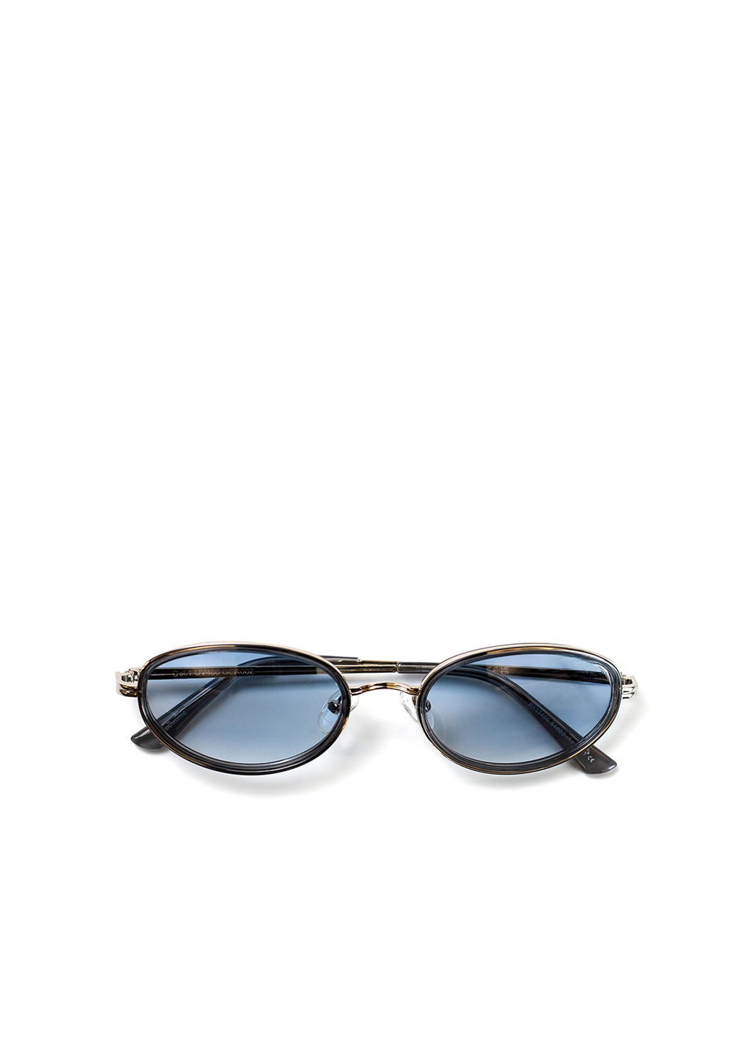 Round sunglasses with gold frame and blue lenses on a white background