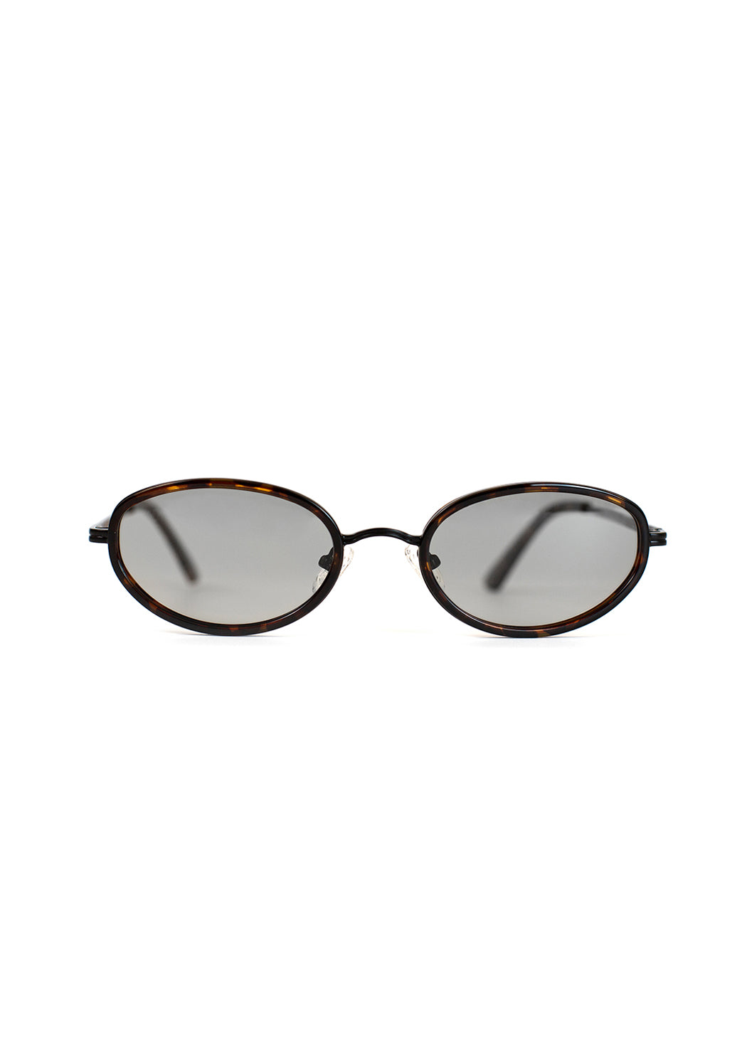 Sunglasses with a black frame and reflective lenses on a white background