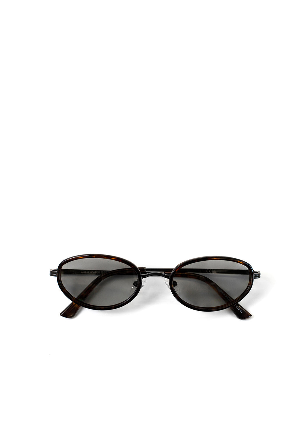 tortoiseshell Sunglasses with a black frame and grey lenses on a white background