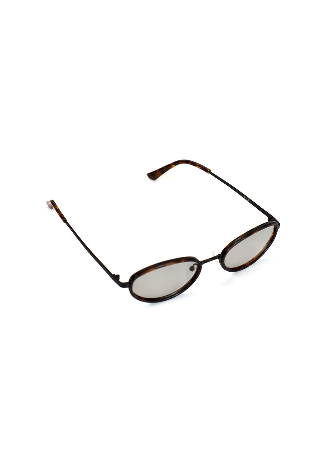 Small oval sunglasses with brown frame and dark lenses on a white background