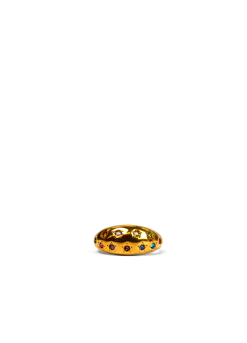 A gold band ring with small colourful gemstone accents, photographed against a solid white background.