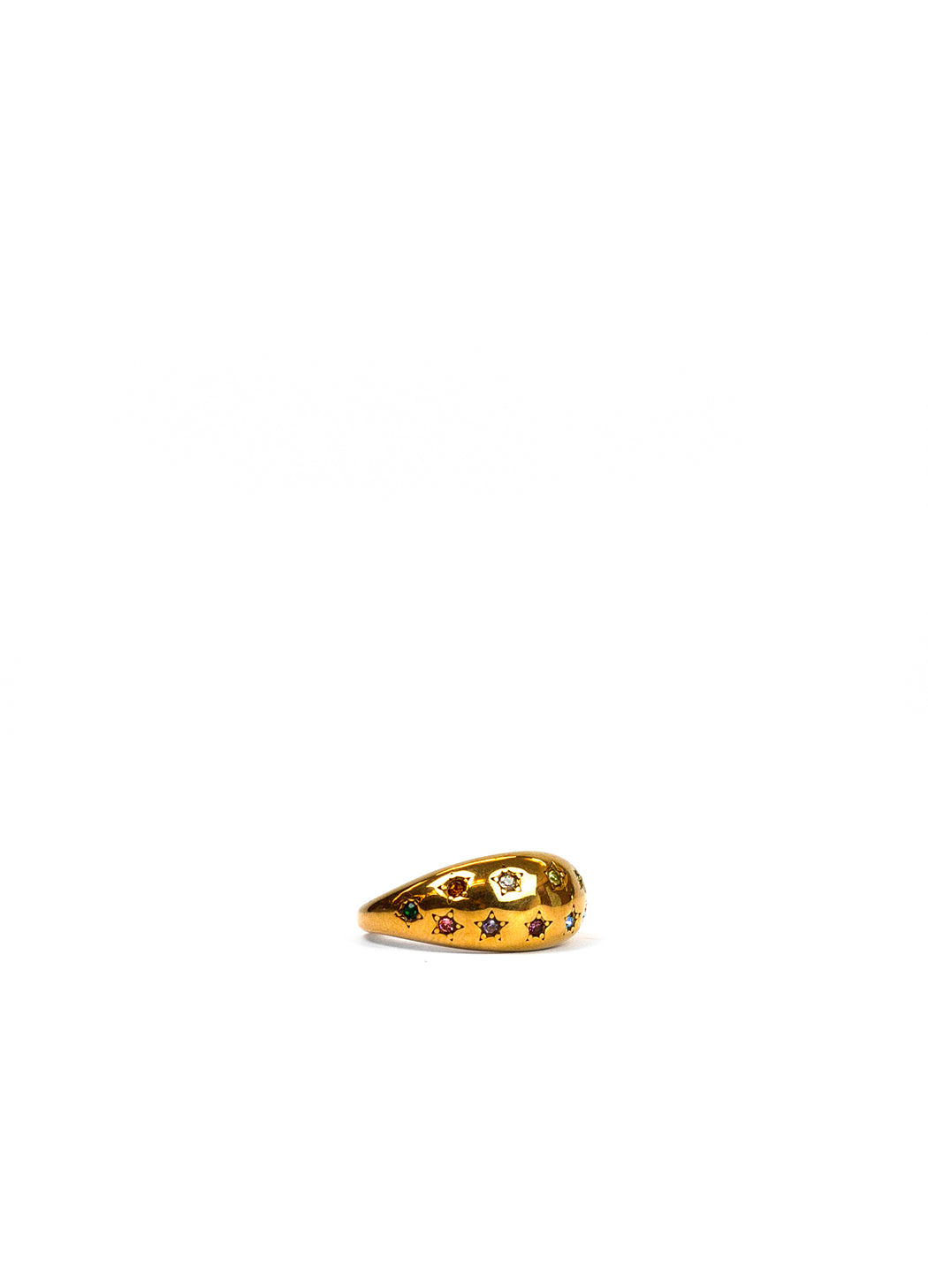A GOLD RING WITH RAINBOW COLOUR GEMSTONES ON A WHITE BACKGROUND